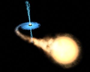 Imagen de un disco de acrecimiento en una estrella masiva alimentado por material procedente de su compañera binaria.